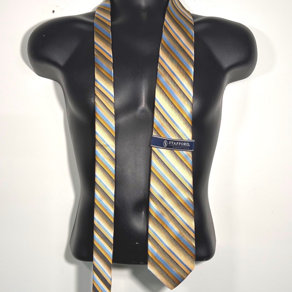 Stafford Essentials Mens Yellow Blue Stripe Work Necktie‎ Polyester Academia Tie